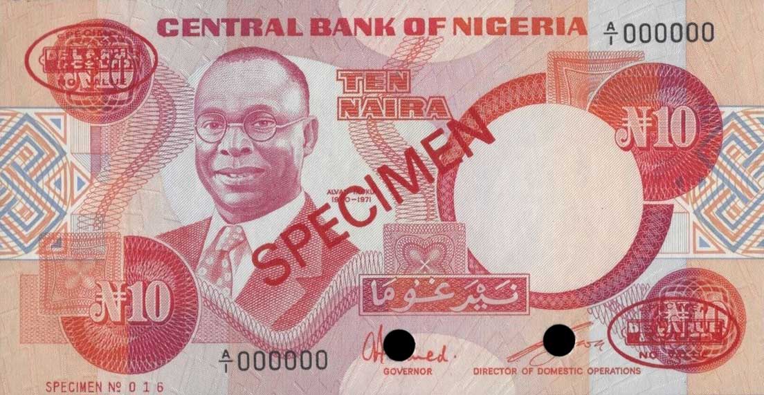 Front of Nigeria p25s: 10 Naira from 1984