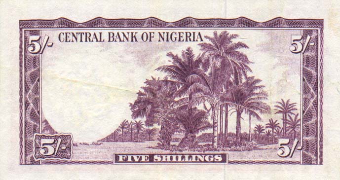 Back of Nigeria p2a: 5 Shillings from 1958