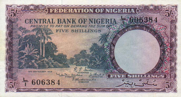 Front of Nigeria p2a: 5 Shillings from 1958