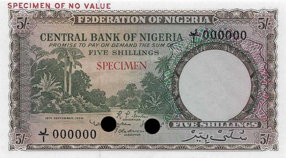 Front of Nigeria p2ct: 5 Shillings from 1958