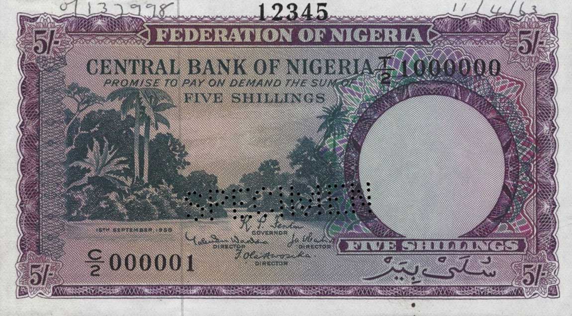 Front of Nigeria p2s: 5 Shillings from 1958