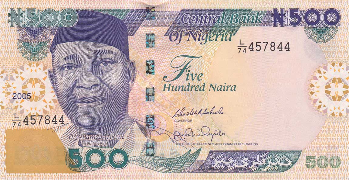 Front of Nigeria p30d: 500 Naira from 2005