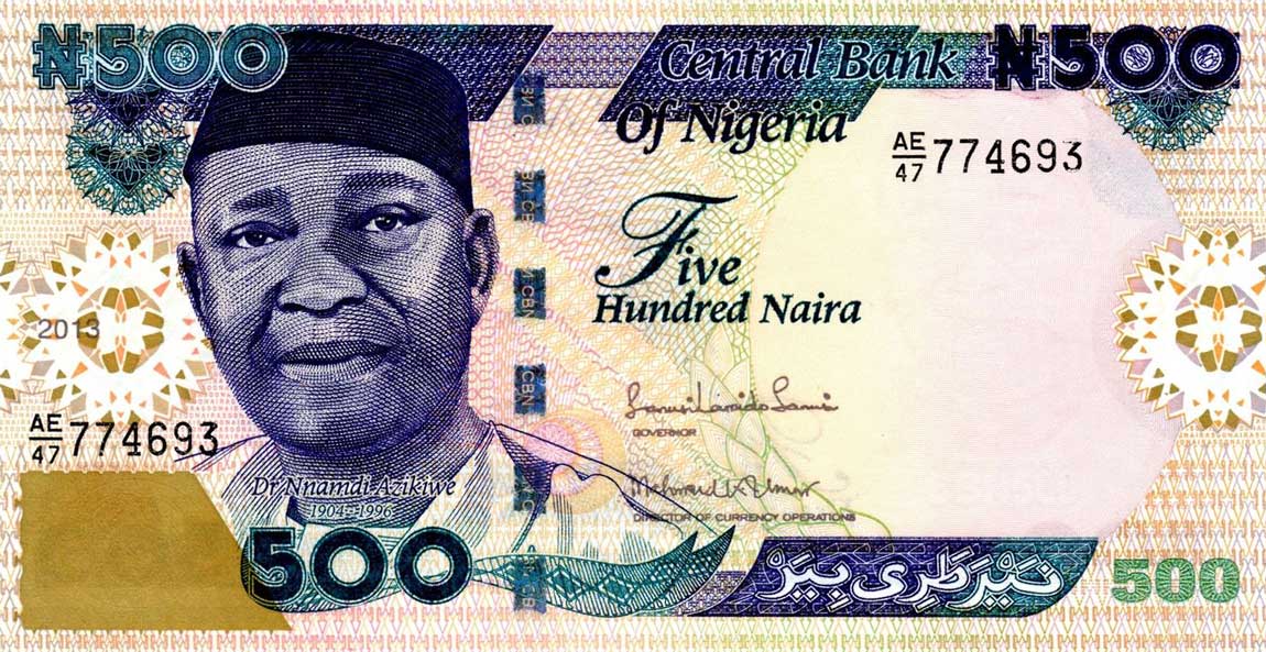 Front of Nigeria p30l: 500 Naira from 2013