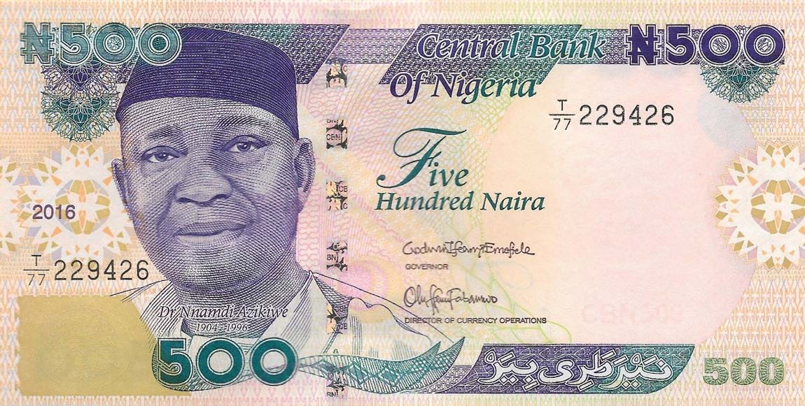 Front of Nigeria p30o: 500 Naira from 2016