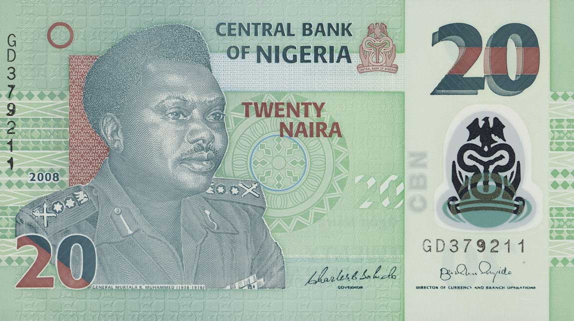 Front of Nigeria p34d: 20 Naira from 2008