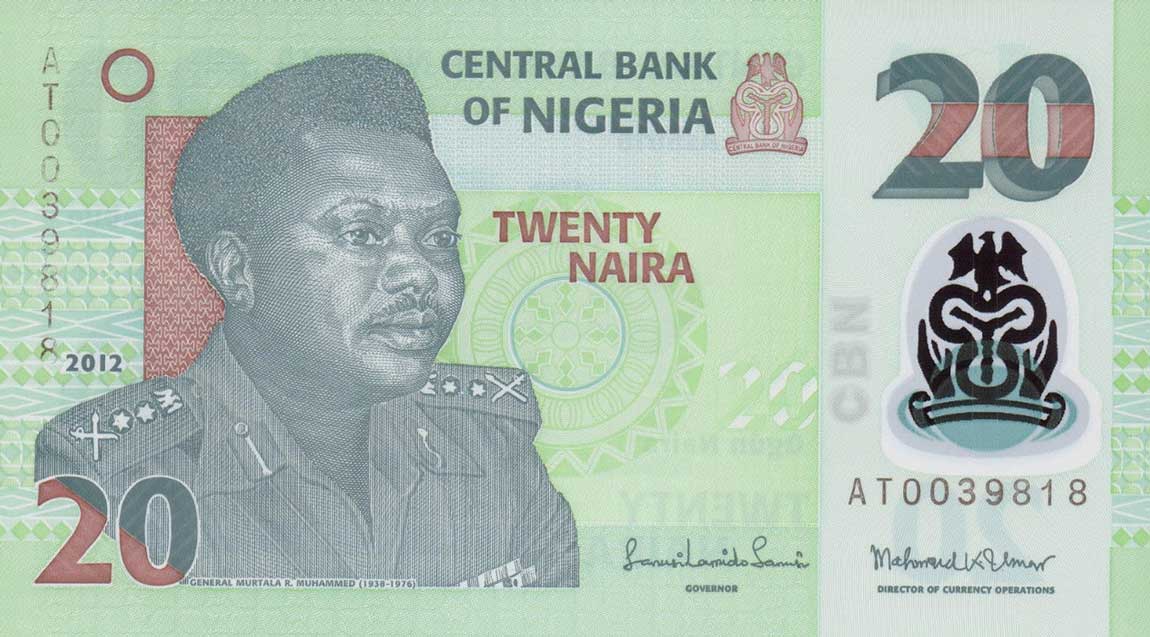 Front of Nigeria p34h: 20 Naira from 2012