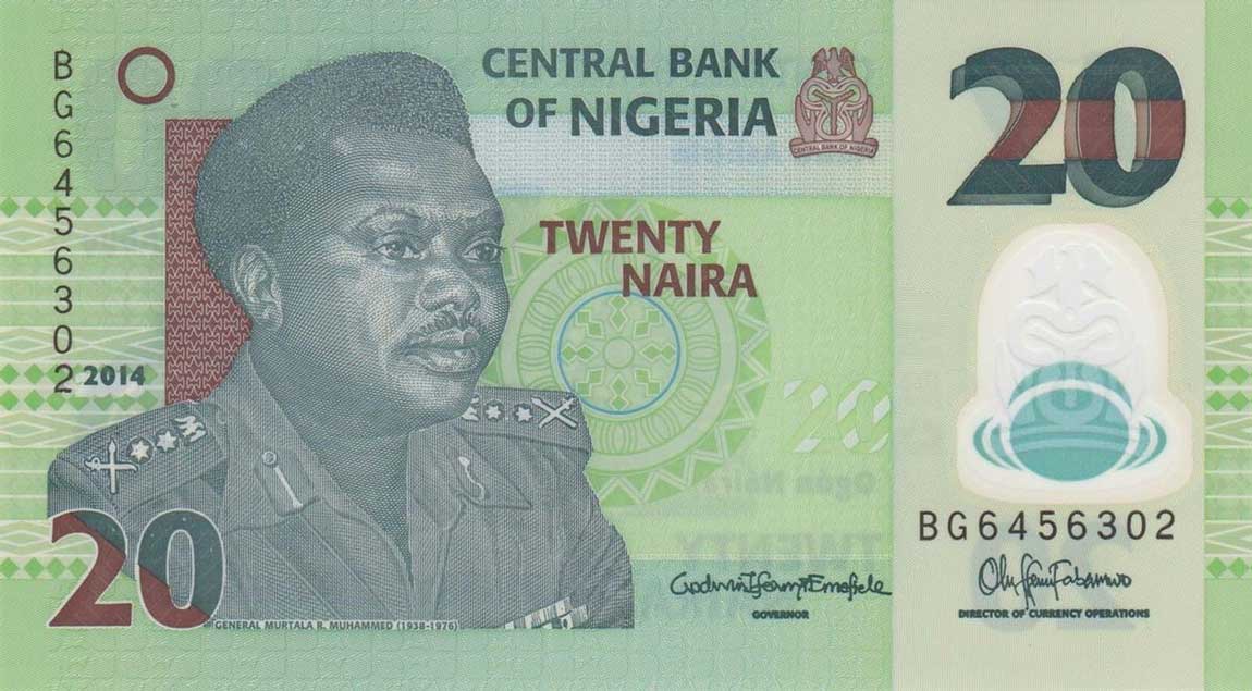 Front of Nigeria p34j: 20 Naira from 2014