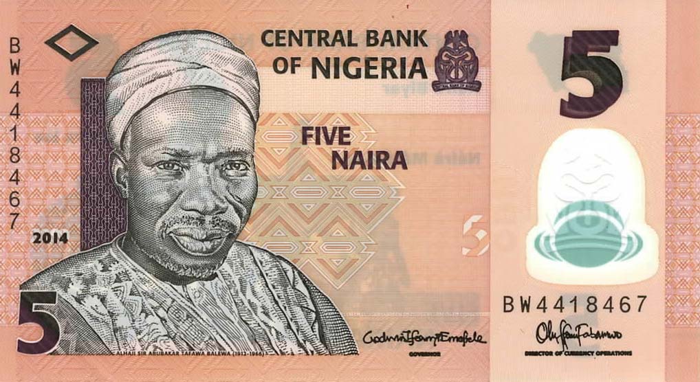 Front of Nigeria p38e: 5 Naira from 2014