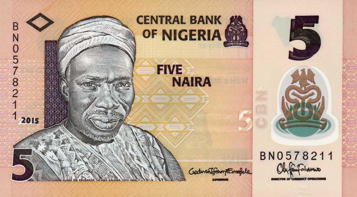 Front of Nigeria p38f: 5 Naira from 2015