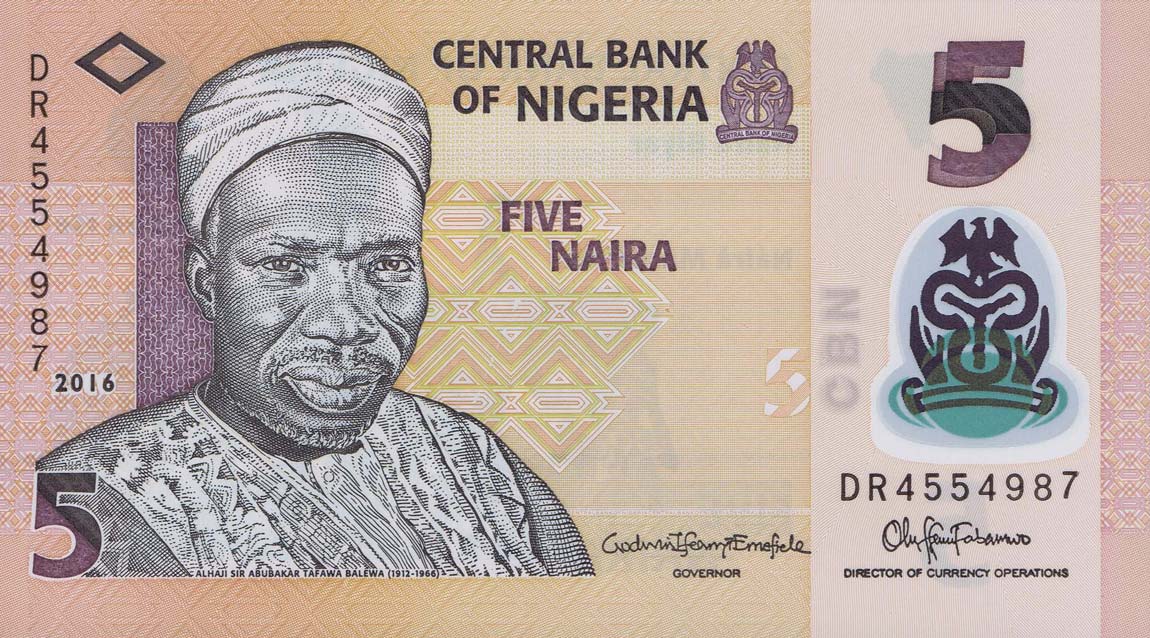 Front of Nigeria p38g: 5 Naira from 2016
