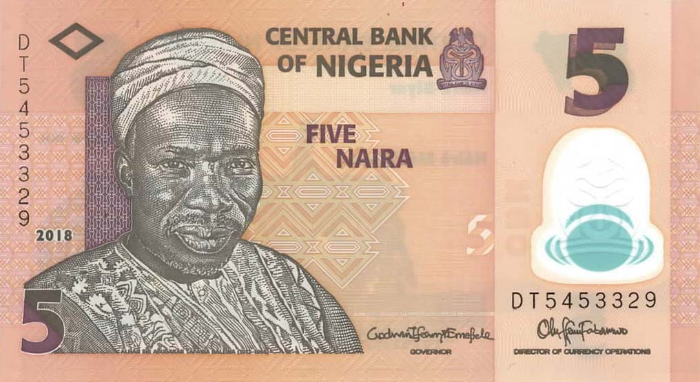 Front of Nigeria p38i: 5 Naira from 2018