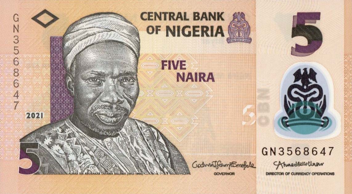 Front of Nigeria p38l: 5 Naira from 2021