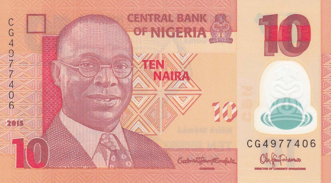 Front of Nigeria p39f: 10 Naira from 2015