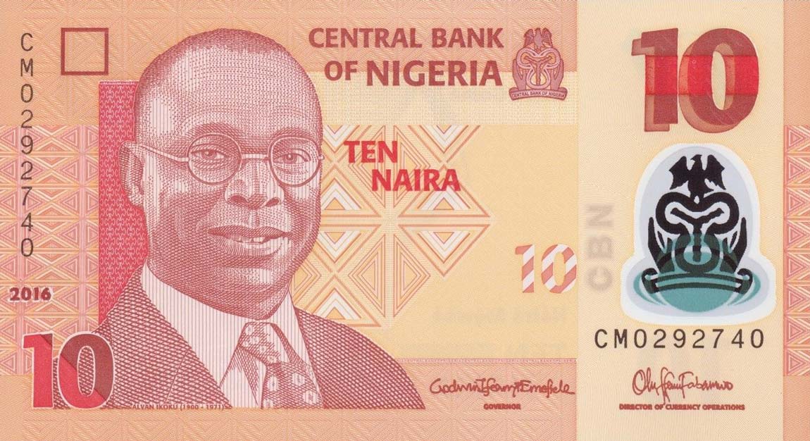Front of Nigeria p39g: 10 Naira from 2016