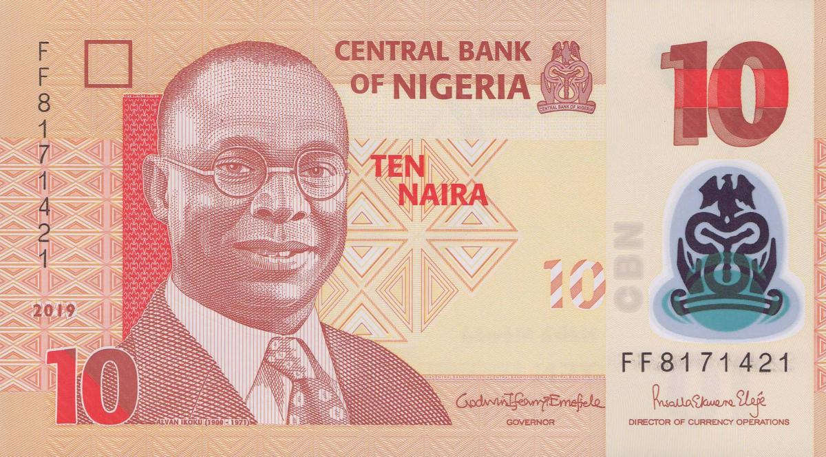 Front of Nigeria p39j: 10 Naira from 2019