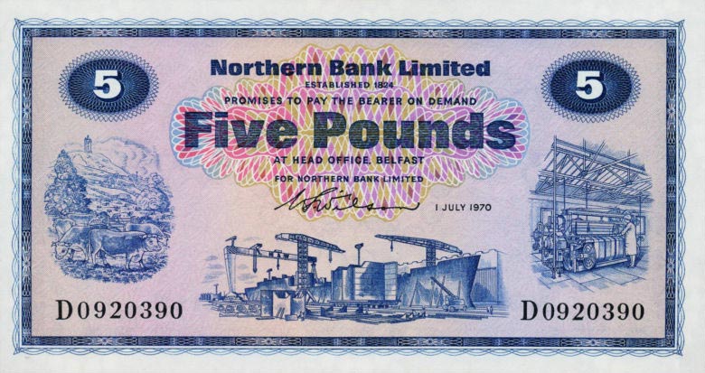 Front of Northern Ireland p188a: 5 Pounds from 1970