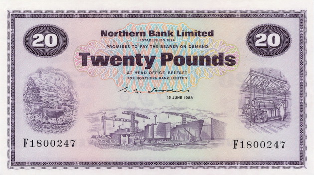 Front of Northern Ireland p190d: 20 Pounds from 1970