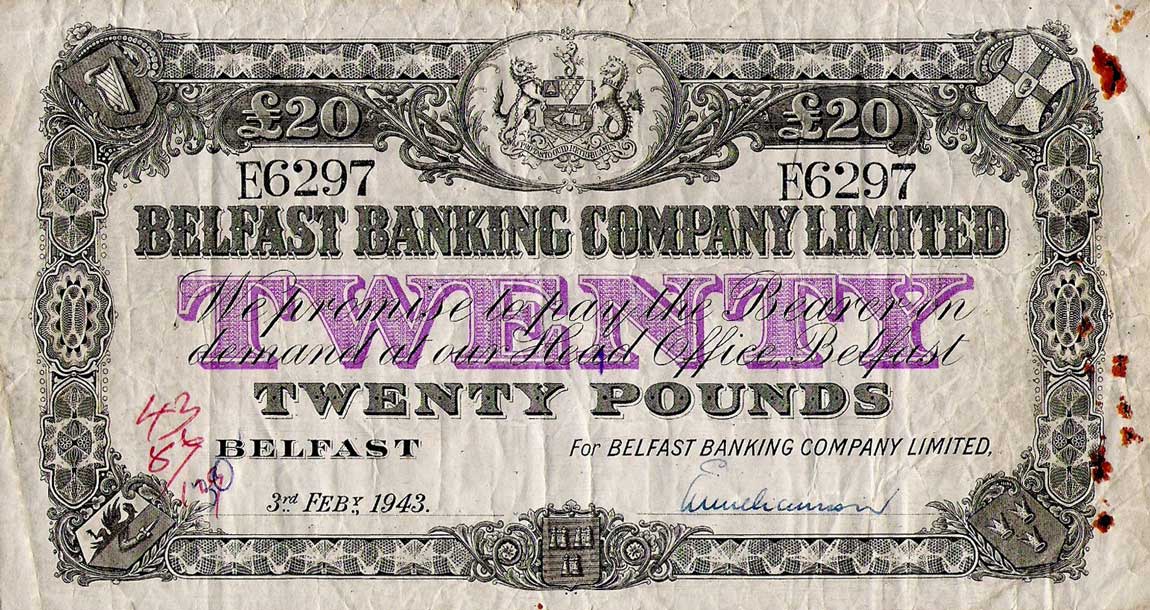 Front of Northern Ireland p129c: 20 Pounds from 1943