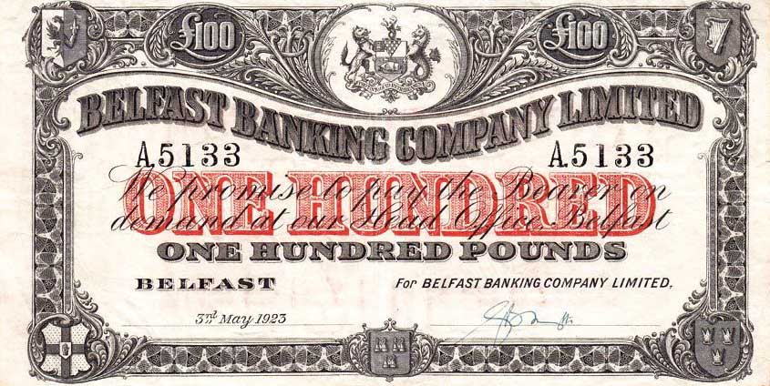 Front of Northern Ireland p131a: 100 Pounds from 1923