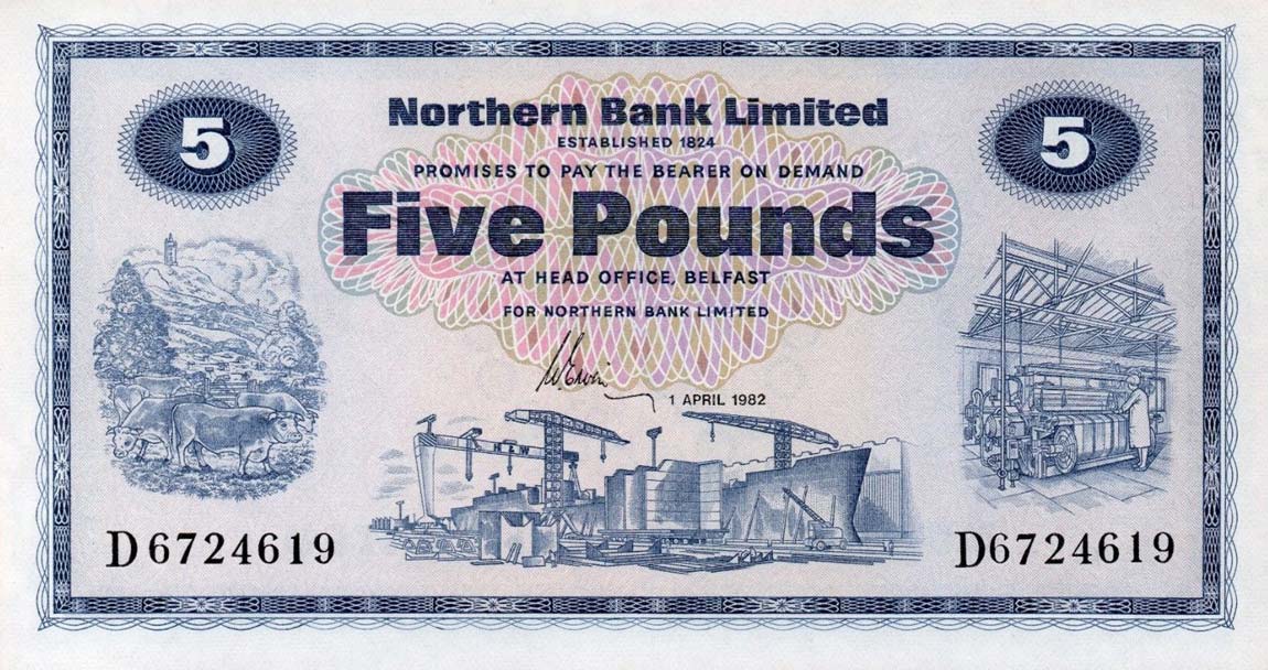 Front of Northern Ireland p188d: 5 Pounds from 1970