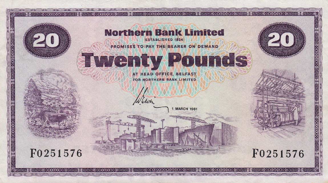 Front of Northern Ireland p190b: 20 Pounds from 1970
