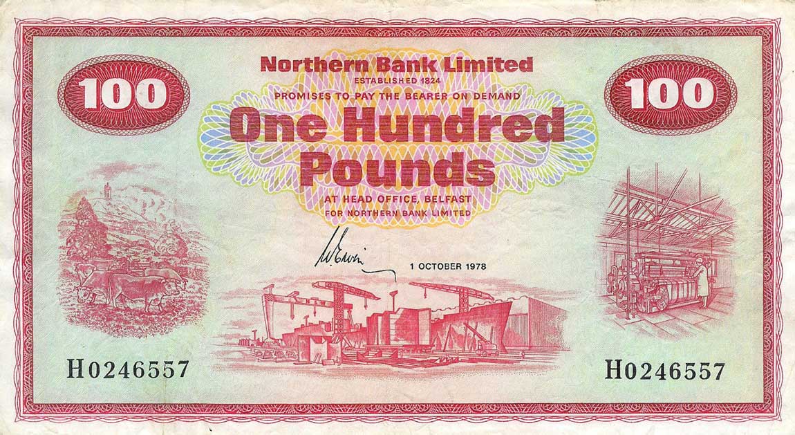 Front of Northern Ireland p192d: 100 Pounds from 1970