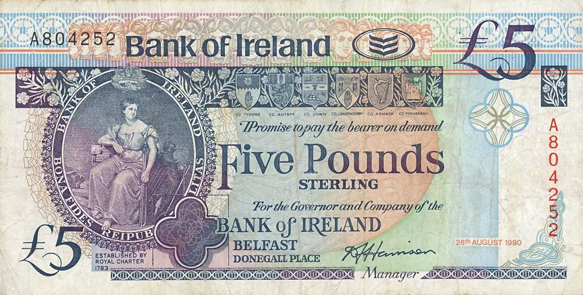 Front of Northern Ireland p70a: 5 Pounds from 1990