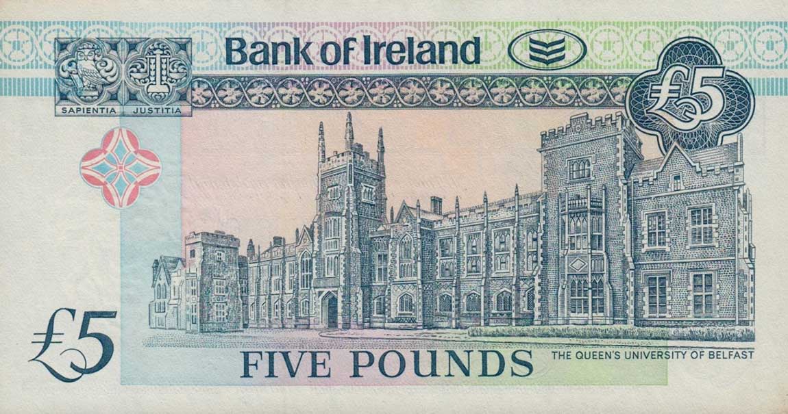 Back of Northern Ireland p70b: 5 Pounds from 1992