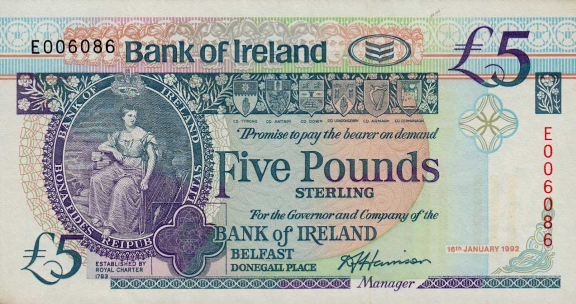 Front of Northern Ireland p70b: 5 Pounds from 1992