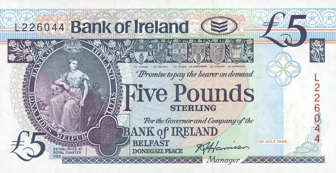 Front of Northern Ireland p70c: 5 Pounds from 1994