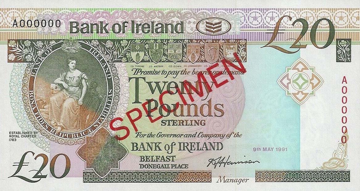 Front of Northern Ireland p72s: 20 Pounds from 1991