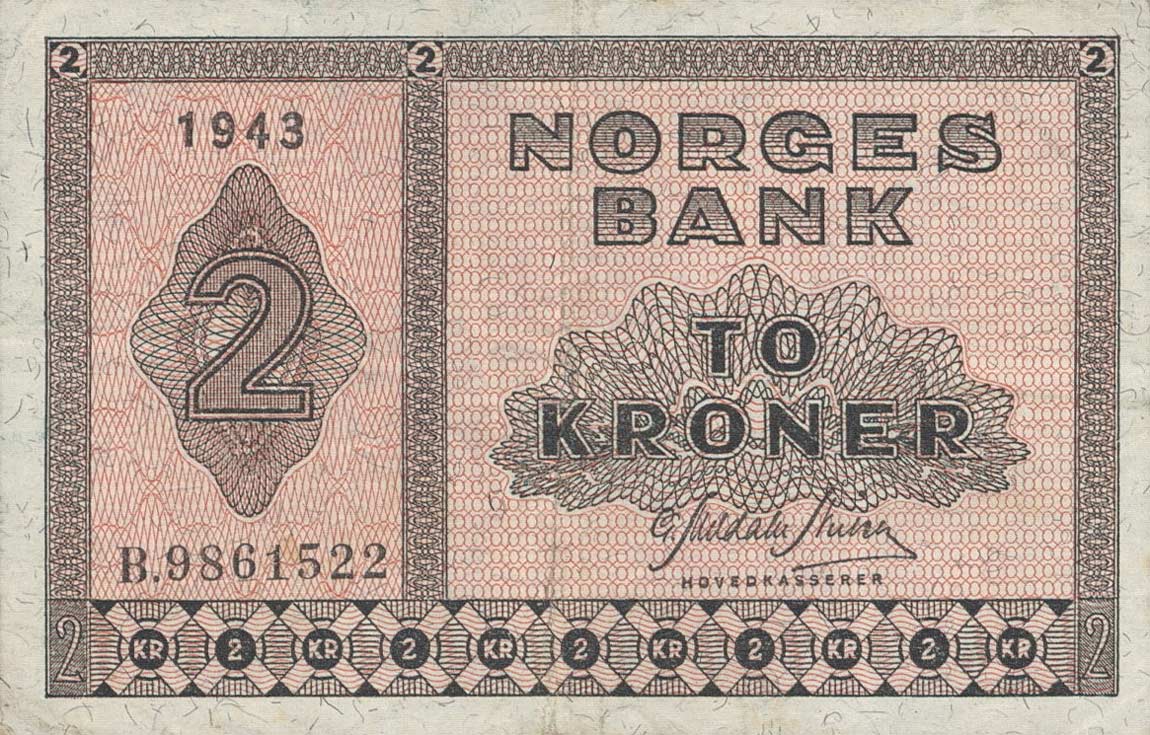 Front of Norway p16a2: 2 Kroner from 1943