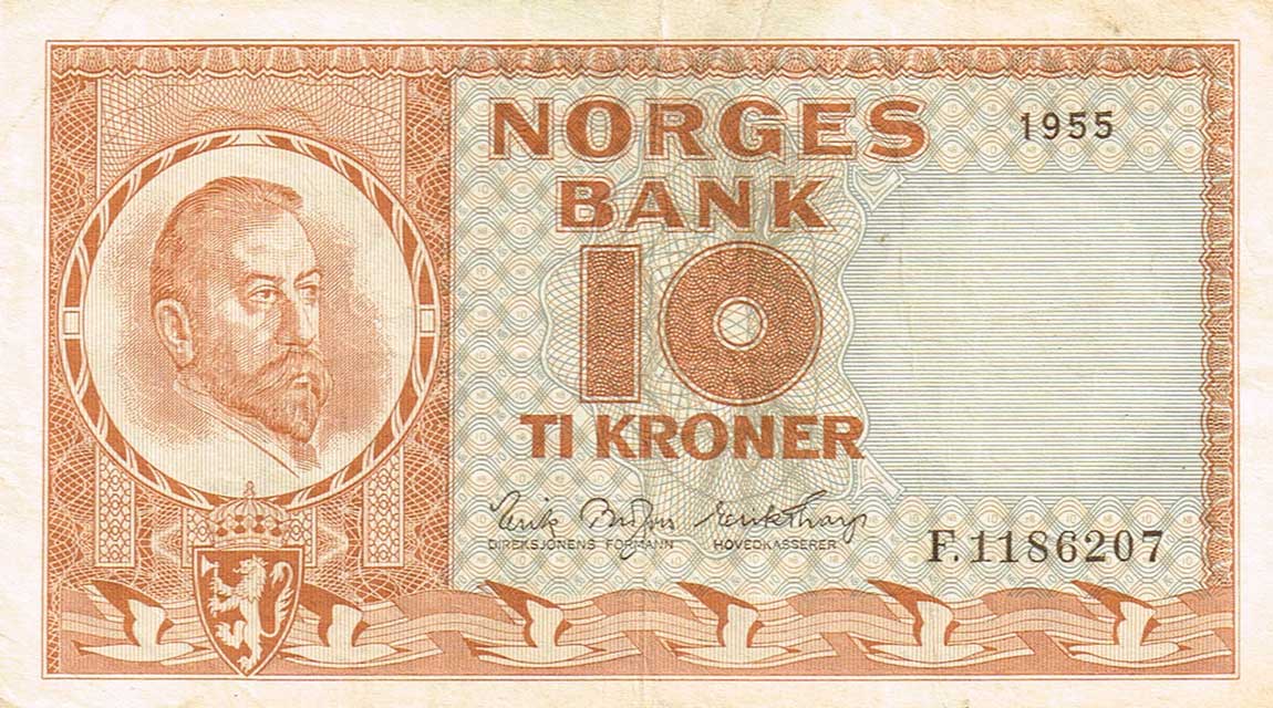 Front of Norway p31b1: 10 Kroner from 1954