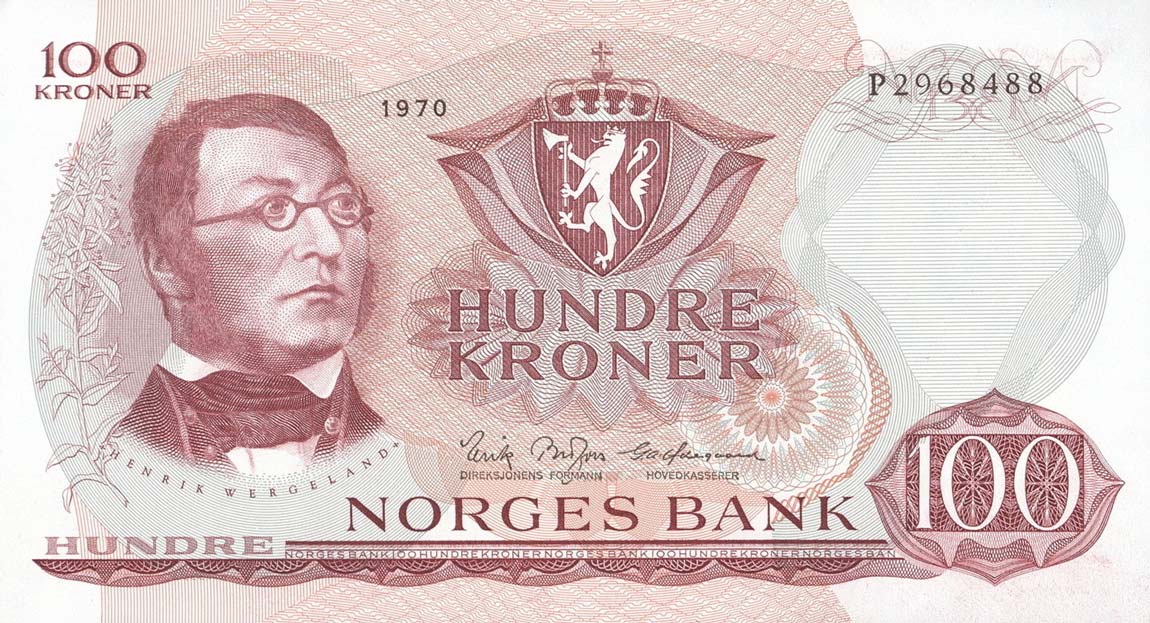 Front of Norway p38d: 100 Krone from 1970