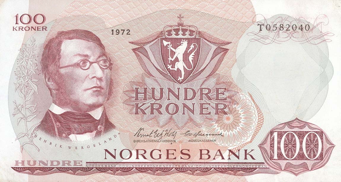 Front of Norway p38e: 100 Krone from 1971