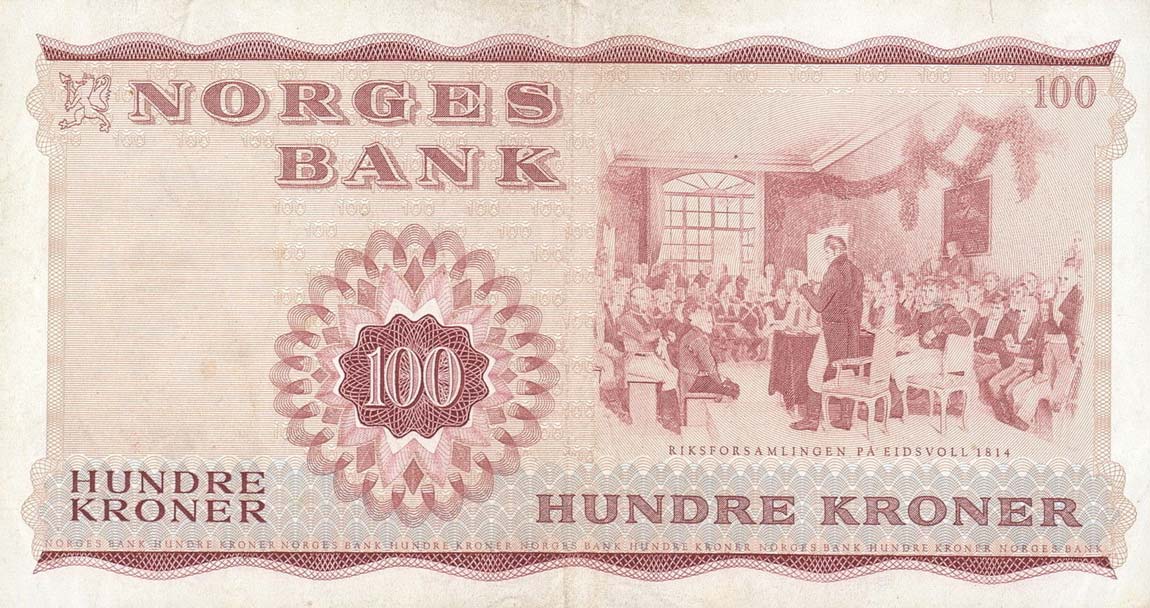 Back of Norway p38h: 100 Krone from 1977