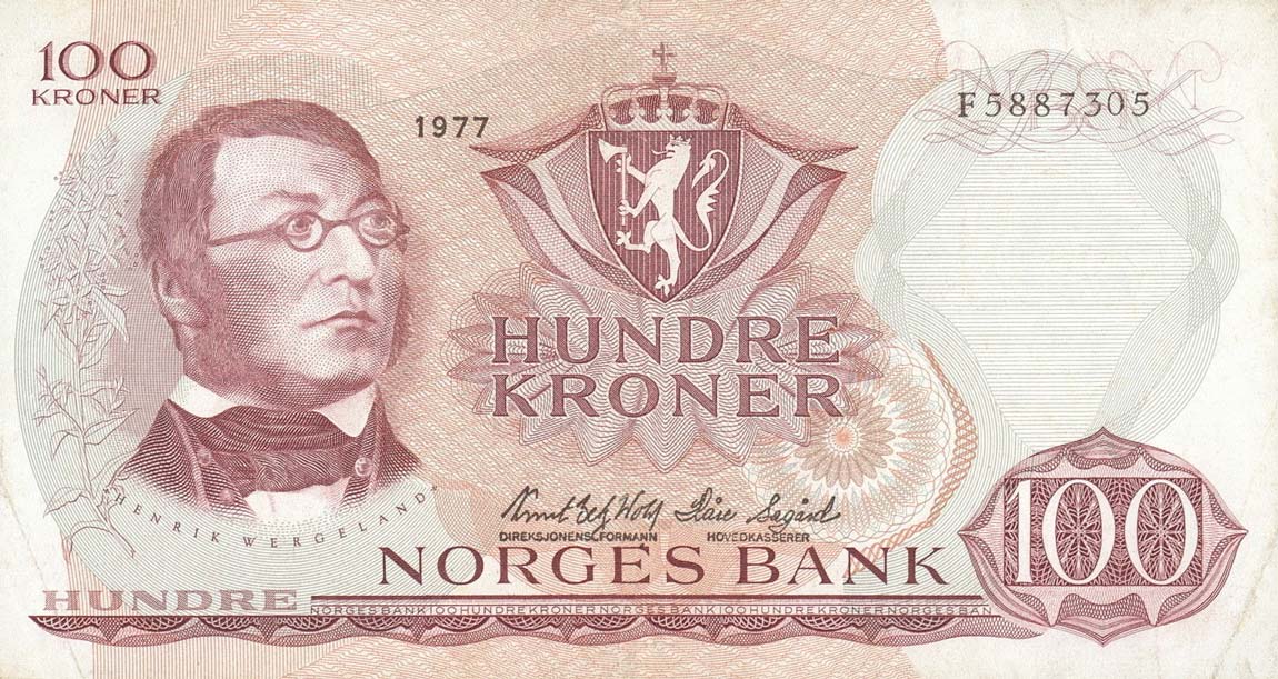 Front of Norway p38h: 100 Krone from 1977