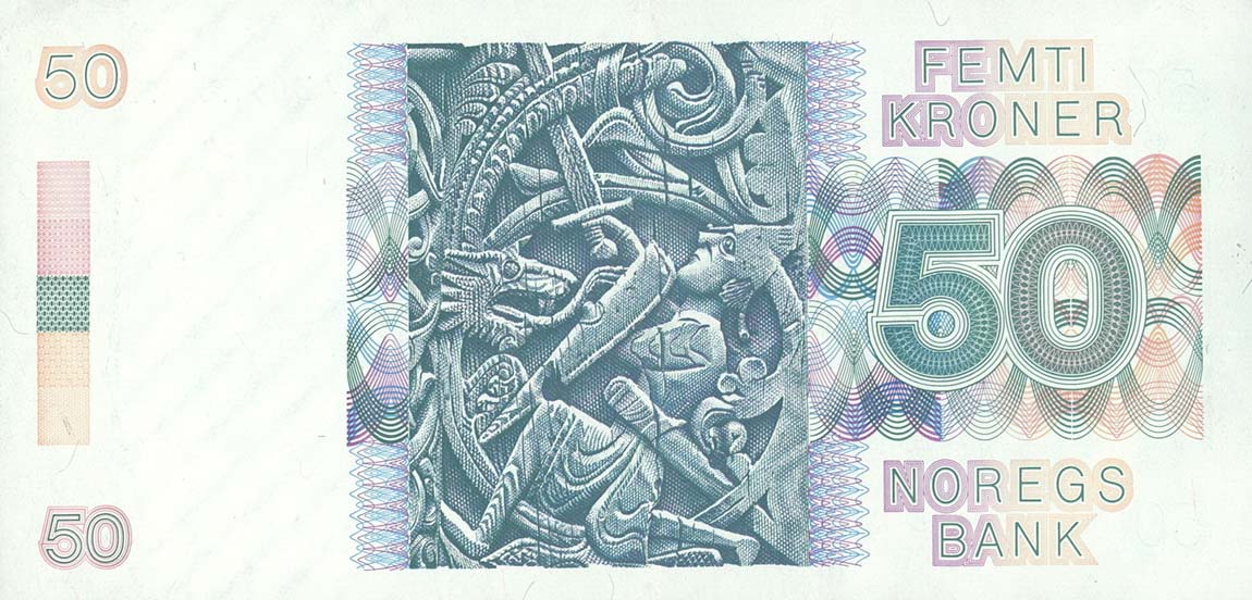 Back of Norway p42e: 50 Krone from 1989
