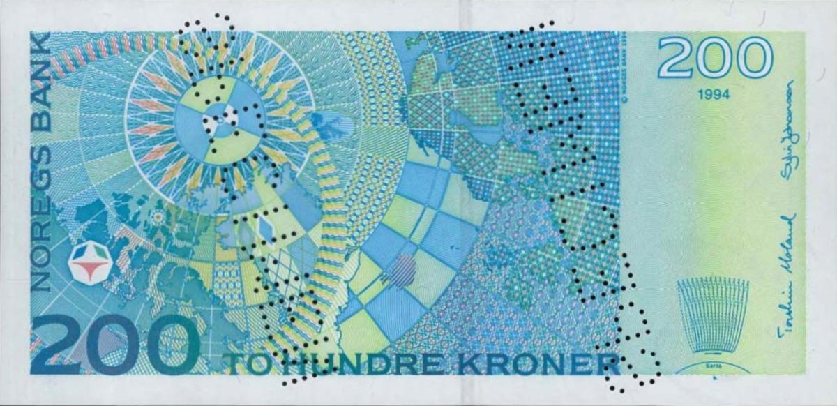 Back of Norway p48s: 200 Krone from 1994