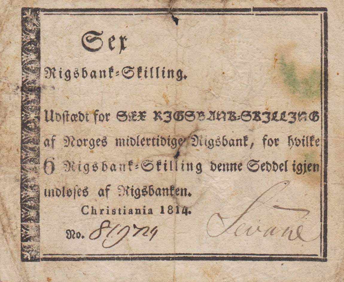 Front of Norway pA23: 6 Rigsbank skilling from 1814