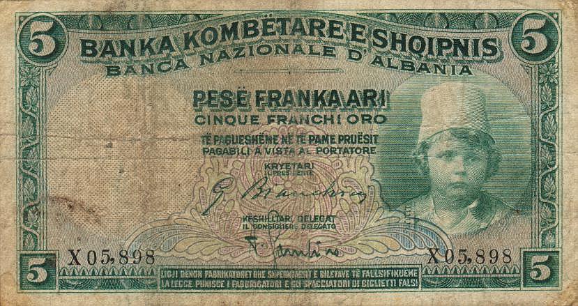 Front of Albania p2a: 5 Franka Ari from 1926