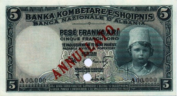 Front of Albania p2s: 5 Franka Ari from 1926