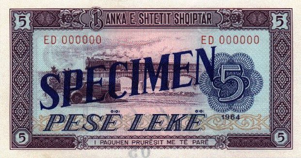 Front of Albania p35s: 5 Leke from 1964