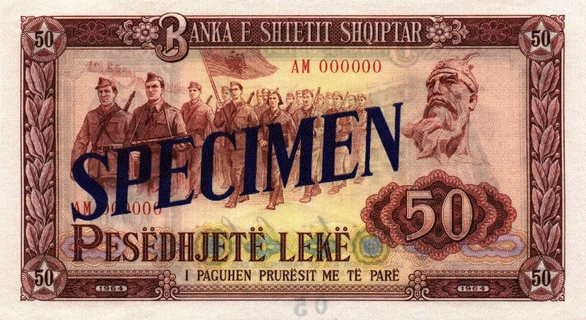 Front of Albania p38s: 50 Leke from 1964