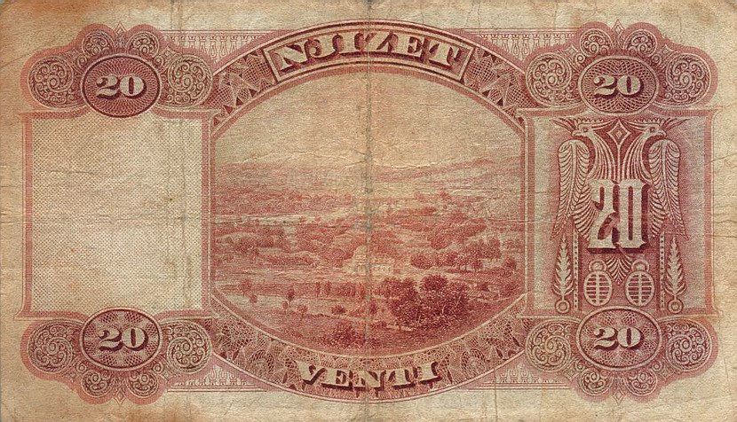 Back of Albania p3a: 20 Franka Ari from 1926