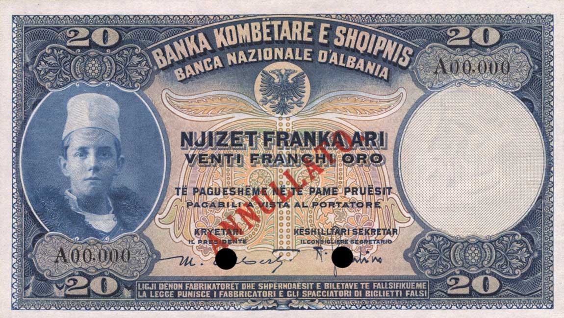 Front of Albania p3s: 20 Franka Ari from 1926