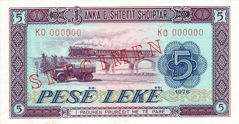 Front of Albania p42s1: 5 Leke from 1976