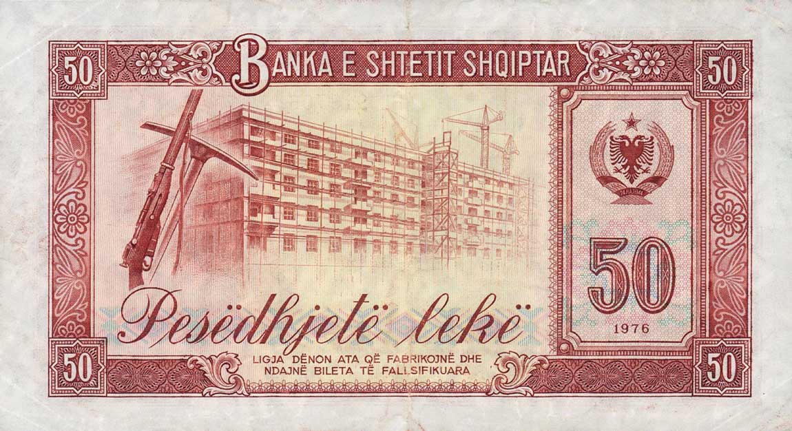 Back of Albania p45a: 50 Leke from 1976