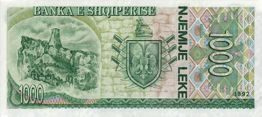 Back of Albania p54a: 1000 Leke from 1992