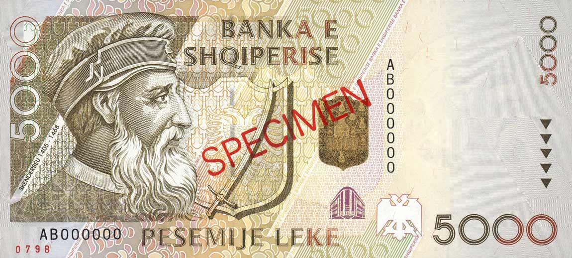 Front of Albania p66s: 5000 Leke from 1996